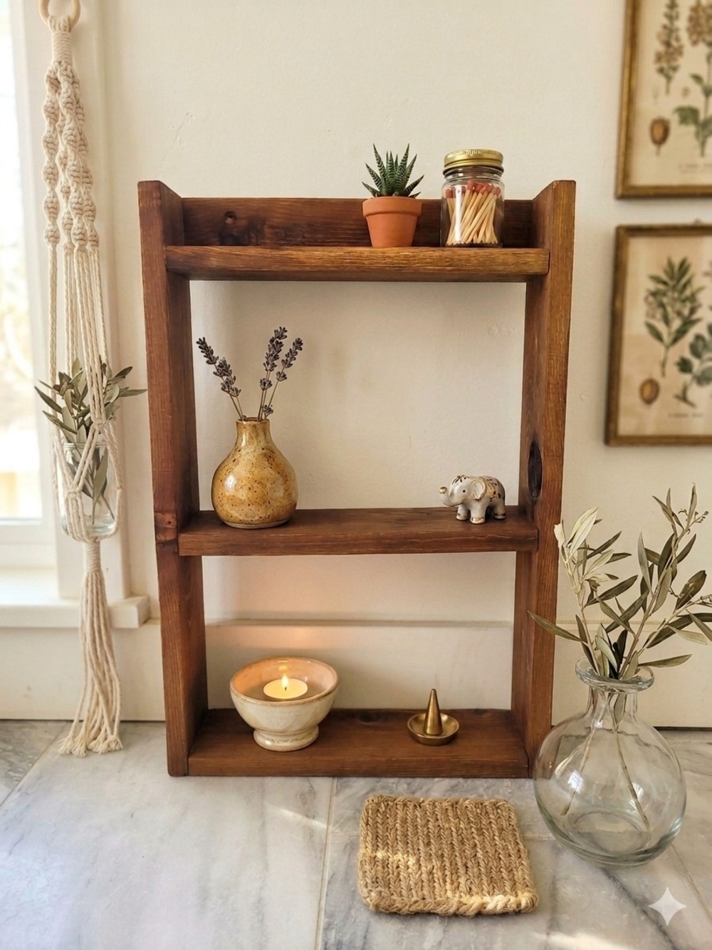 Rustic Wooden Wall Shelf - Natural Brown Home Wall Decor